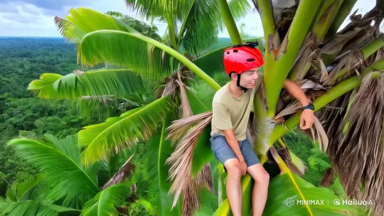 Man Enjoying Scenic View from Tall Coconut Tree – AI Generated Video | Hailuo AI