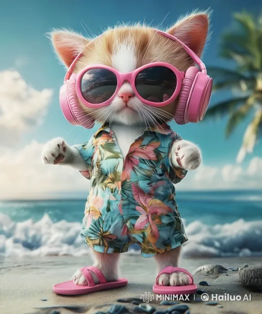 Kitten Dances in Hawaiian Shirt on Serene Beach – AI Generated Video | Hailuo AI