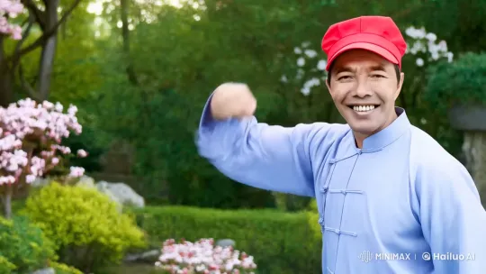 Joyful Man Practicing Graceful True Wushu in Serene Garden – AI Generated Video | Hailuo AI