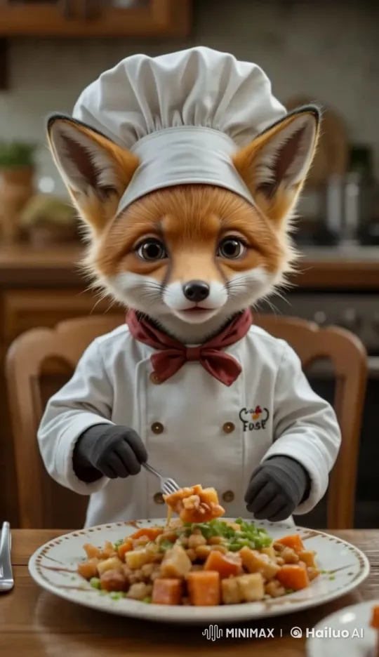 Chef Fox Enjoying a Meal in a Cozy Kitchen – AI Generated Video | Hailuo AI