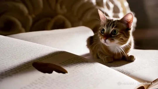 Curious Cat Explores Mysterious Hole in Open Book – AI Generated Video | Hailuo AI