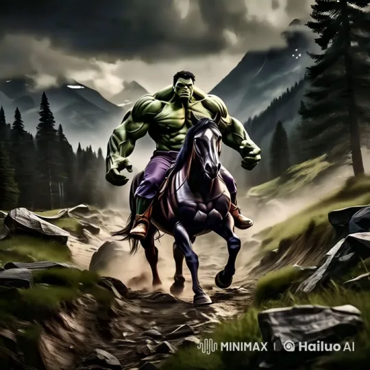Hulk on Horseback in Detailed 8K Mountain Landscape – AI Generated Video | Hailuo AI