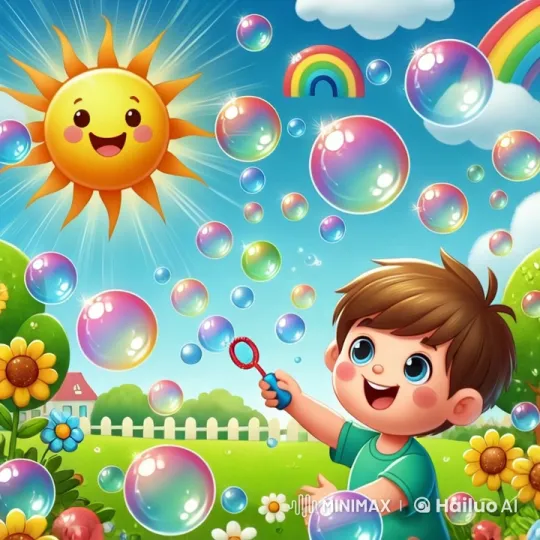 Child Blows Bubbles in Colorful Garden Animation – AI Generated Video | Hailuo AI
