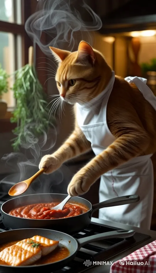 Orange Tabby Cat Cooks with Care in Animated Kitchen – AI Generated Video | Hailuo AI