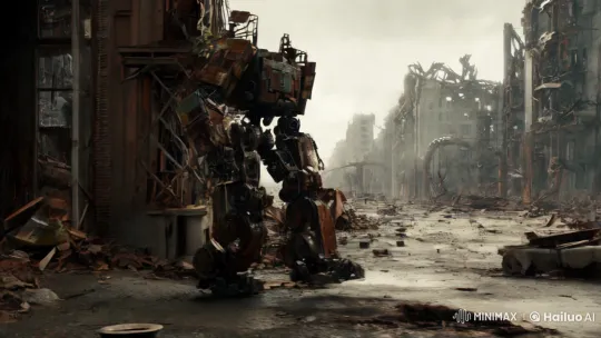 Post-Apocalyptic Robot Navigates Decaying Cityscape – AI Generated Video | Hailuo AI