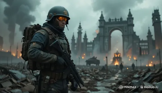Armored Soldier in Ruined City Amidst Ongoing War – AI Generated Video | Hailuo AI