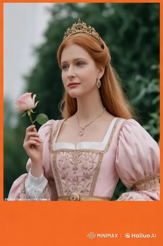 Graceful Woman in Ornate Gown Enjoys a Rose – AI Generated Video | Hailuo AI