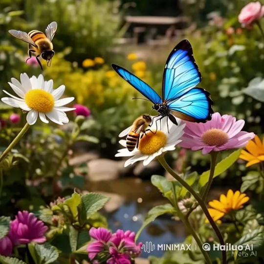 Blue Butterfly and Bees in Animated Flower Garden – AI Generated Video | Hailuo AI