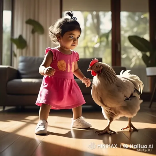 Young Girl Playfully Fights with Animated Chicken in Sunlit Room – AI Generated Video | Hailuo AI