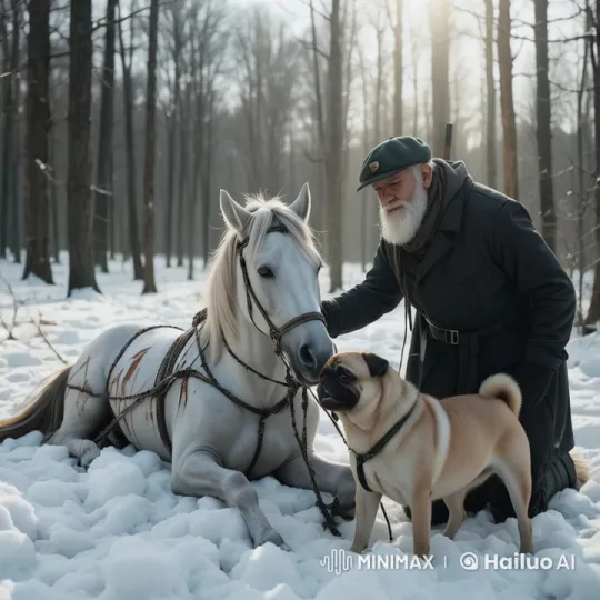 Winter Forest Scene: Man, Dog, and Horse in Live2D Art – AI Generated Video | Hailuo AI