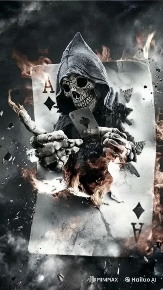 Skeletal Figure Emerges from Burning Ace of Spades Card – AI Generated Video | Hailuo AI