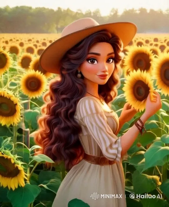 Woman in Sunflower Field Examining Flower During Sunset – AI Generated Video | Hailuo AI