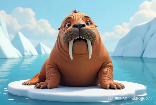 Curious Walrus on Ice in Serene Arctic Waters – AI Generated Video | Hailuo AI