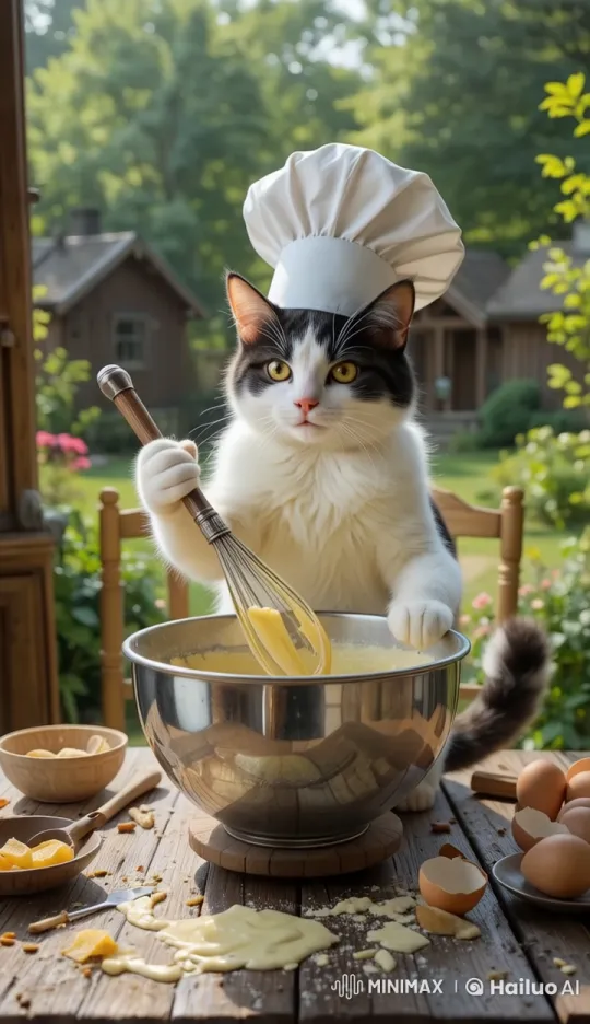 Tabby Cat Chef Bakes in Rustic Garden Setting – AI Generated Video | Hailuo AI