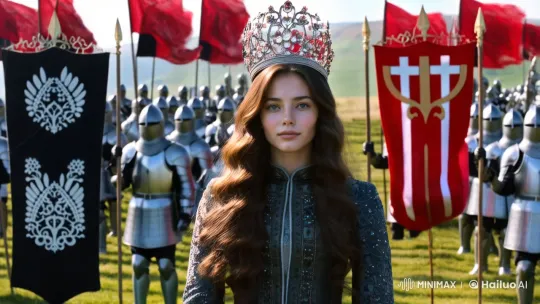 Regal Young Queen Commands Loyal Knights in Majestic Realm – AI Generated Video | Hailuo AI