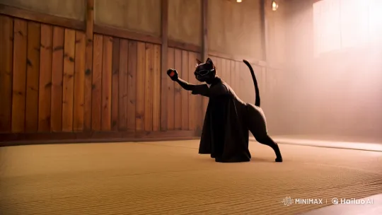 Anthropomorphic Cat Mimics Neo in Martial Arts Tribute Video – AI Generated Video | Hailuo AI