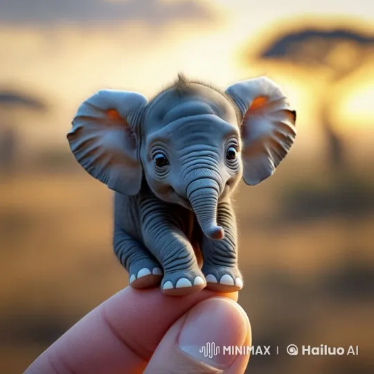 Tiny Elephant Calf Enchantingly Perched on Human Finger – AI Generated Video | Hailuo AI