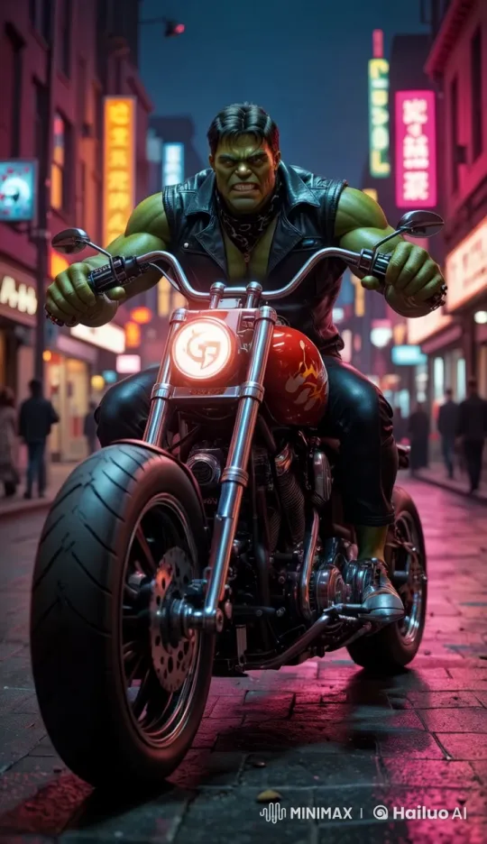 Hulk on Custom Red Chopper in Urban Night Scene – AI Generated Video | Hailuo AI