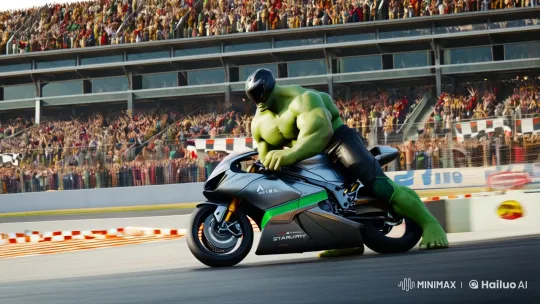 Hulk Races on Stark Motorcycle in High-Tech Circuit – AI Generated Video | Hailuo AI