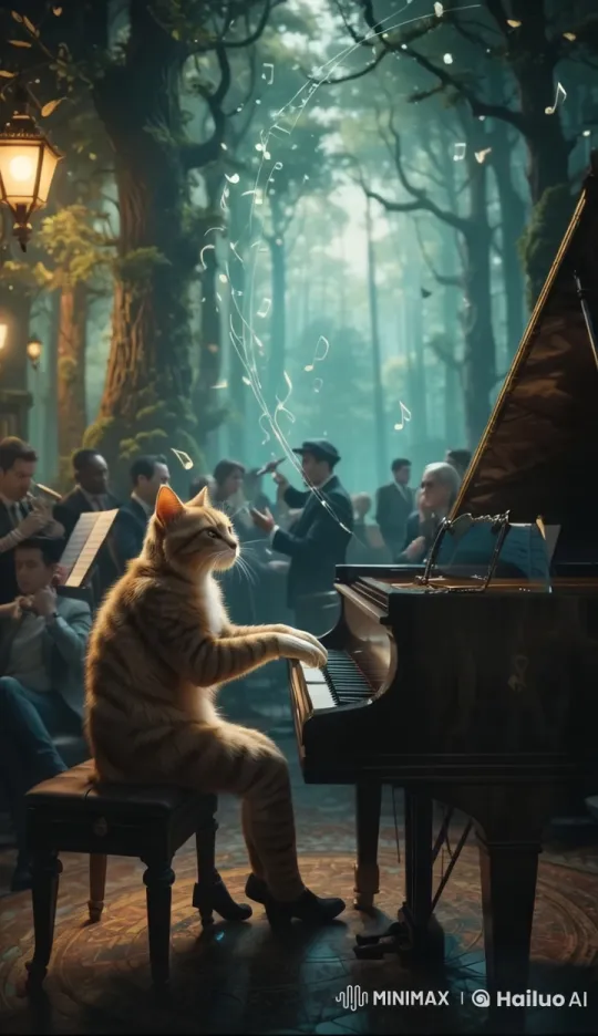 Cat Plays Piano in Enchanted Forest and Jazz Club – AI Generated Video | Hailuo AI