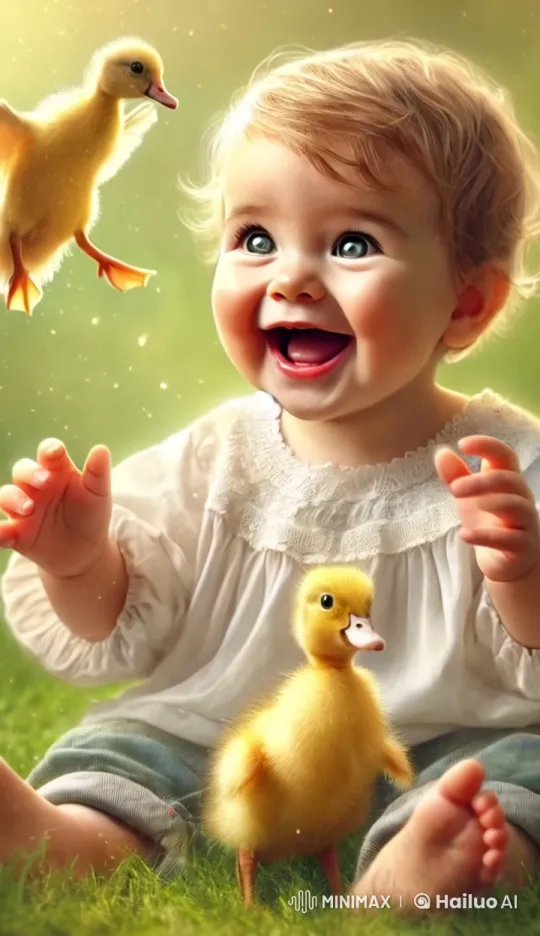 Baby Laughs with Ducklings in Sunny Pasture – AI Generated Video | Hailuo AI