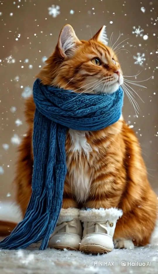 Cozy Orange Cat in Snowy Winter Scene – AI Generated Video | Hailuo AI