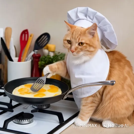 Cute Cat Chef Cooks Omelette in Cozy Kitchen – AI Generated Video | Hailuo AI