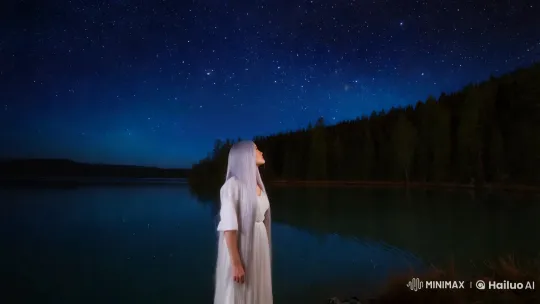 Woman Transforms Night Sky into Aurora in Serene Lake Scene – AI Generated Video | Hailuo AI