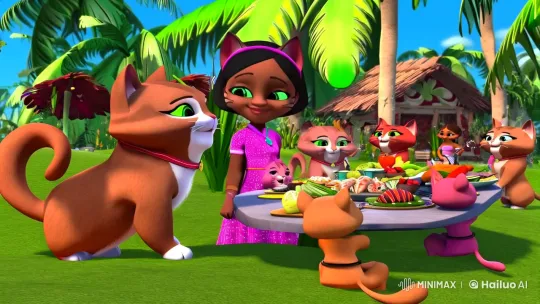 Cat-eared Girl and Felines Enjoy Feast in Animated Paradise – AI Generated Video | Hailuo AI