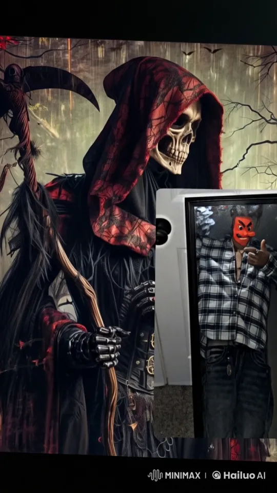 Eerie Grim Reaper Embraces in Dark Forest Setting – AI Generated Video | Hailuo AI