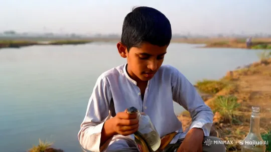 Young Pakistani Boy Captures Serpent in Sunlit Landscape – AI Generated Video | Hailuo AI
