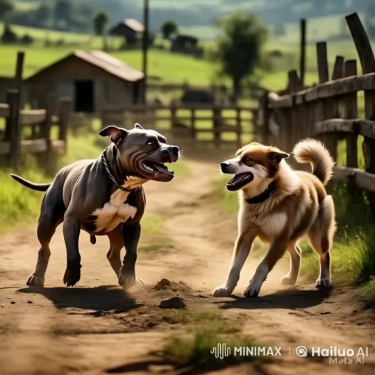 Playful Dogs Interact on Rustic Farm Path – AI Generated Video | Hailuo AI