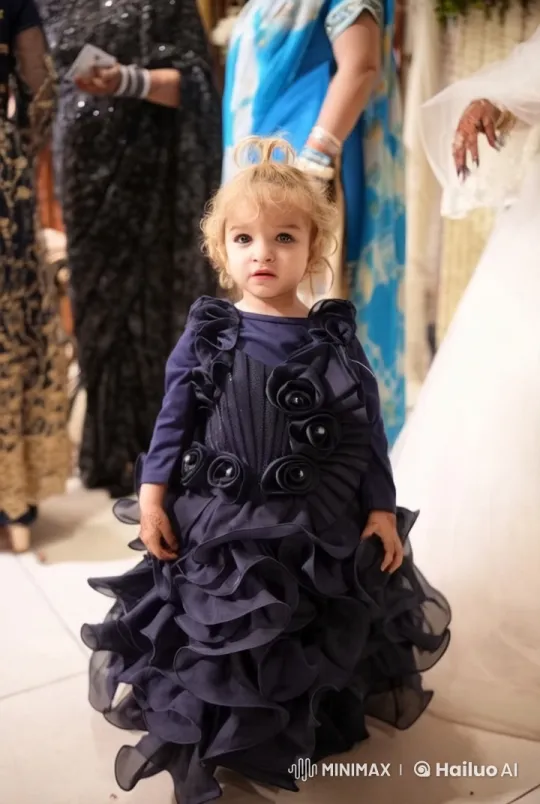 Young Girl in Ruffled Gown Celebrates with Affectionate Adults – AI Generated Video | Hailuo AI