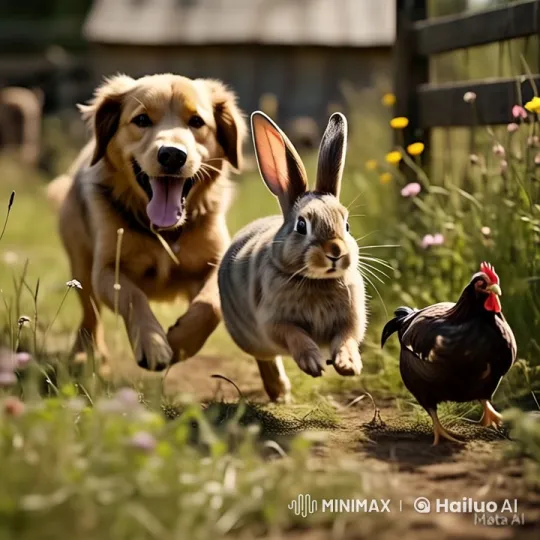 Rural Path: Rabbit, Dog, Chicken Chase in Joyful Harmony – AI Generated Video | Hailuo AI