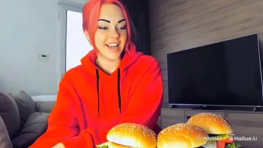 Woman Enjoying Burgers and TV in Cozy Living Room – AI Generated Video | Hailuo AI