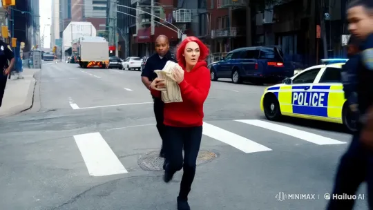 Woman with Red Hair and Money Bag Evades Police Chase – AI Generated Video | Hailuo AI