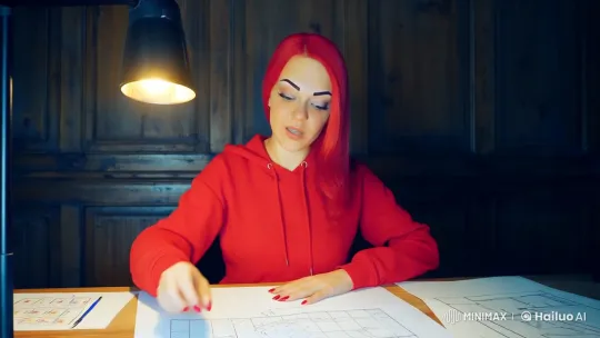 Red-Haired Woman Plans Bank Robbery in Mysterious Setting – AI Generated Video | Hailuo AI