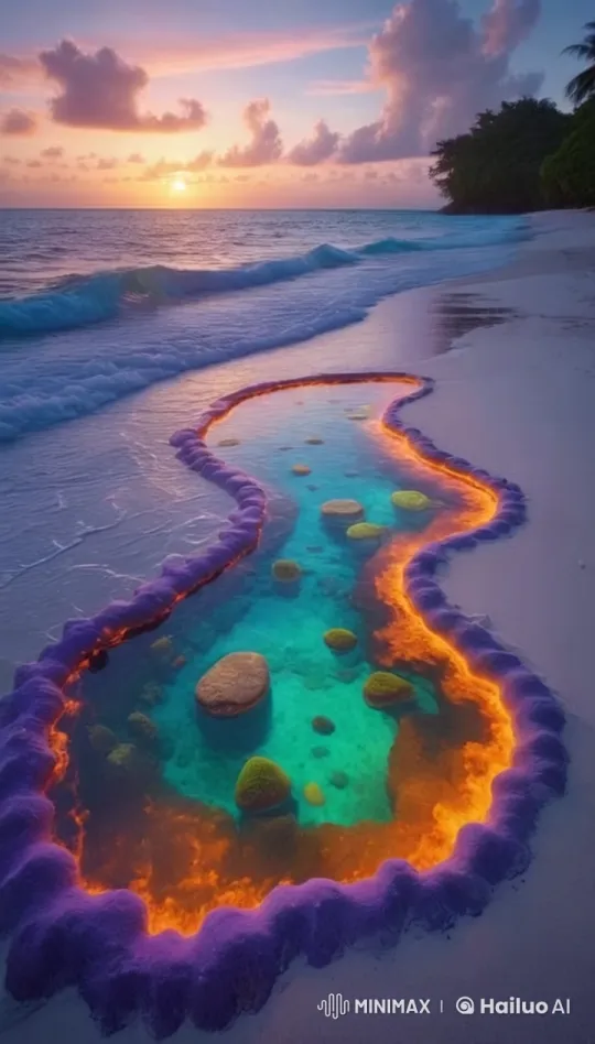 Enchanted Glowing Pool on a Serene Sunset Beach – AI Generated Video | Hailuo AI