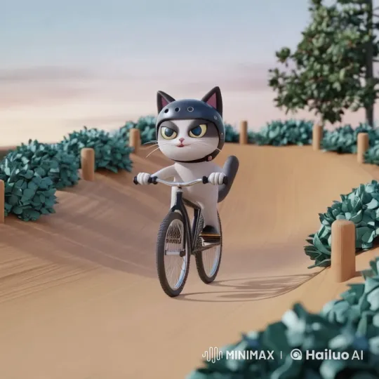 Cat on Bicycle: Singing, Speeding Through Scenery – AI Generated Video | Hailuo AI