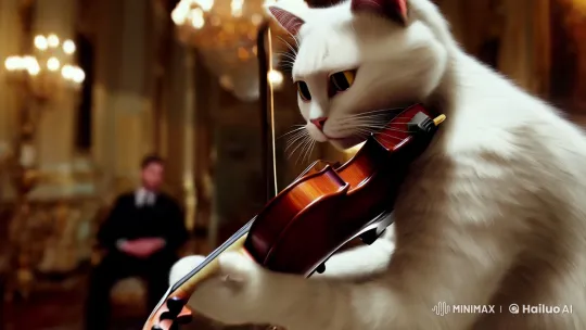 White Cat Plays Violin in Opulent, Enchanted Room – AI Generated Video | Hailuo AI