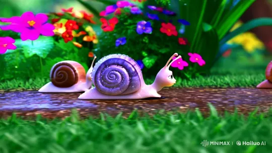 Snails Race Through Lush Garden in Vivid, Glowing Scene – AI Generated Video | Hailuo AI