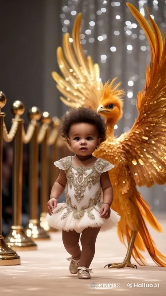 Child and Phoenix Bird Strut on Glamorous Runway – AI Generated Video | Hailuo AI