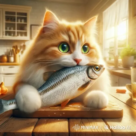Orange Cat Enjoying Fish in Sunlit Kitchen – AI Generated Video | Hailuo AI