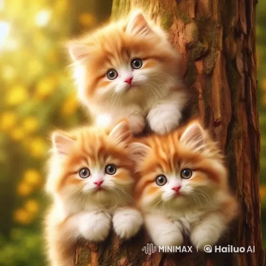 Ginger Kittens Resting on Tree Trunk in Forest – AI Generated Video | Hailuo AI