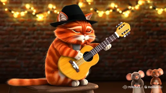 Orange Tabby Cat Strums Guitar in Cozy Jazz Club Setting – AI Generated Video | Hailuo AI