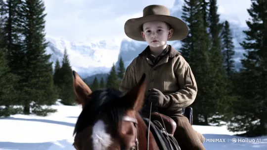 Young Cowboy Braving the Snowy Wilderness – AI Generated Video | Hailuo AI