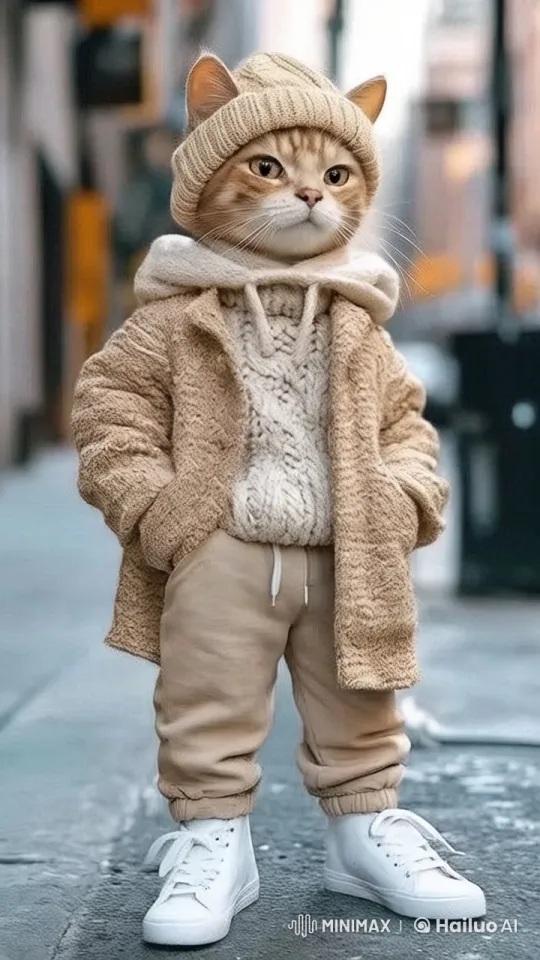Cozy Winter Cat Strolls Through Urban Cityscape – AI Generated Video | Hailuo AI