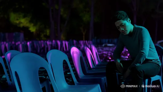 Man Reflects Amidst Empty Chairs in Moody Light – AI Generated Video | Hailuo AI