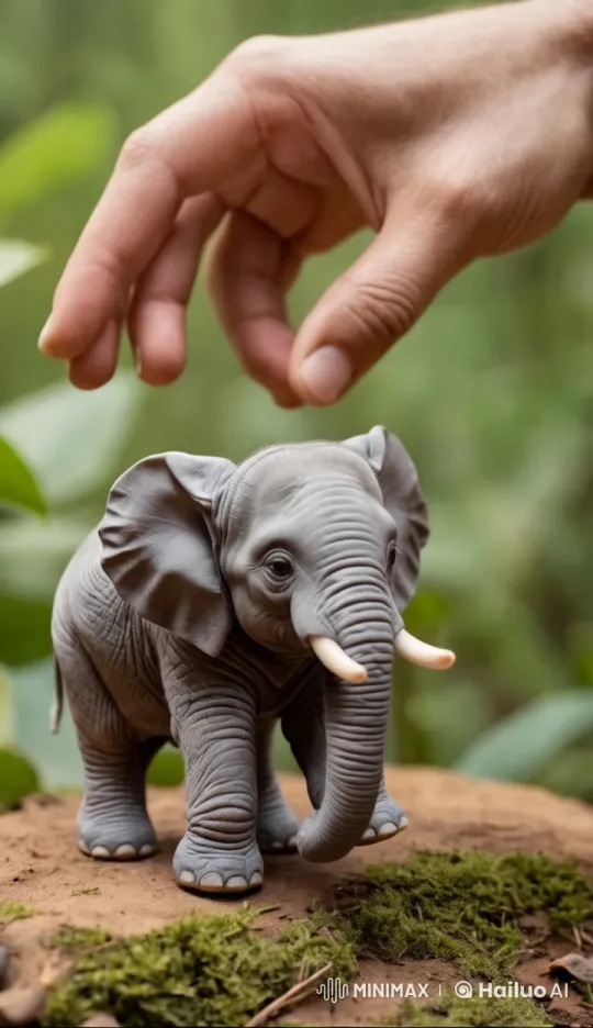 Man Cuddles Tiny Elephant in Peaceful Nature Scene – AI Generated Video | Hailuo AI