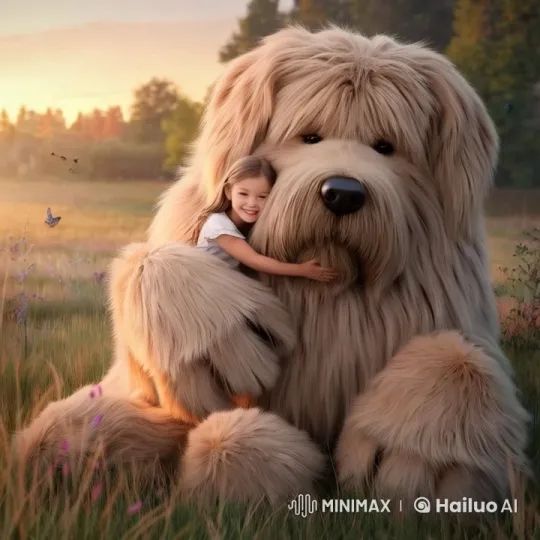 Little Girl Embraces Giant Fluffy Dog in Serene Meadow – AI Generated Video | Hailuo AI
